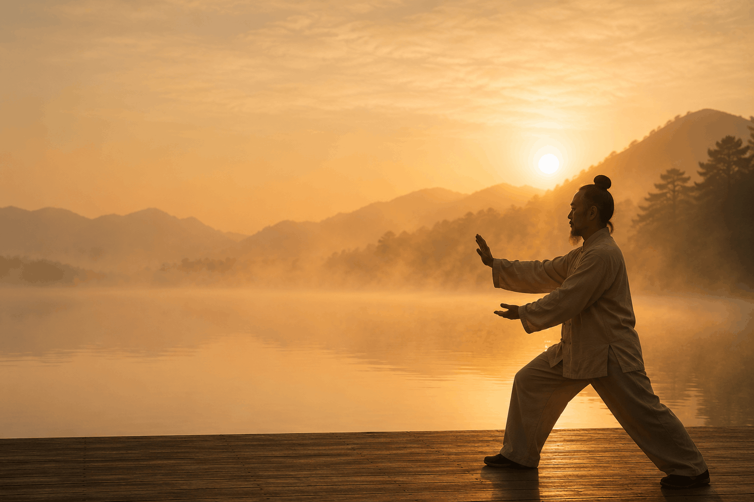 Persona practicando Qi Gong, Tai Chi al atardecer junto a un lago para mejorar el bienestar, reducir el estrés y desarrollar el equilibrio físico y mental.