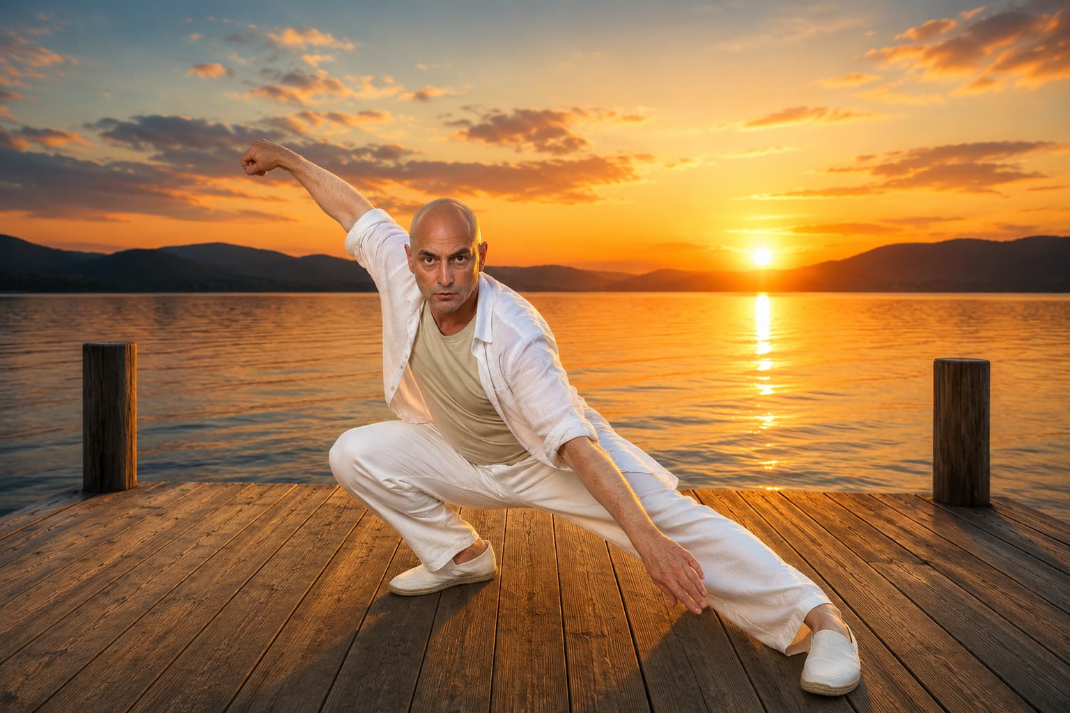 Practicando Qi Gong al amanecer junto al mar para desarrollar equilibrio, energía y bienestar.